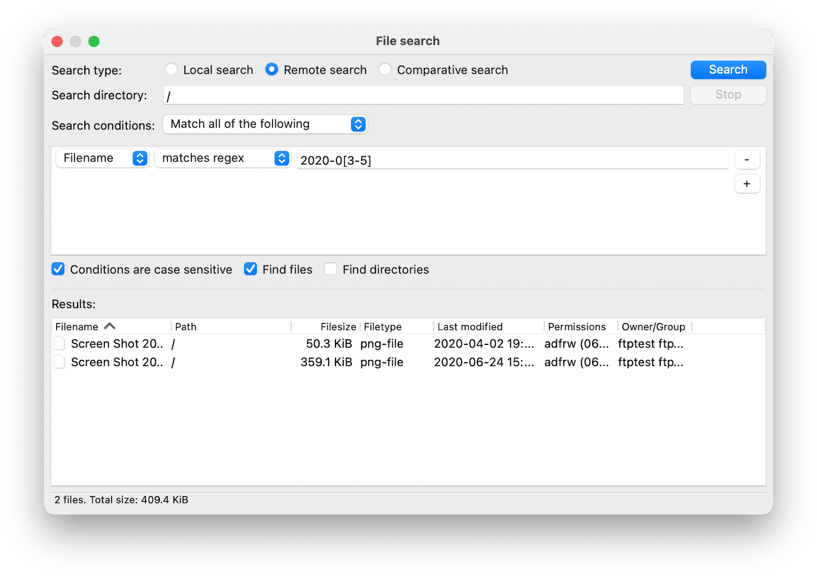 FileZilla regex file search