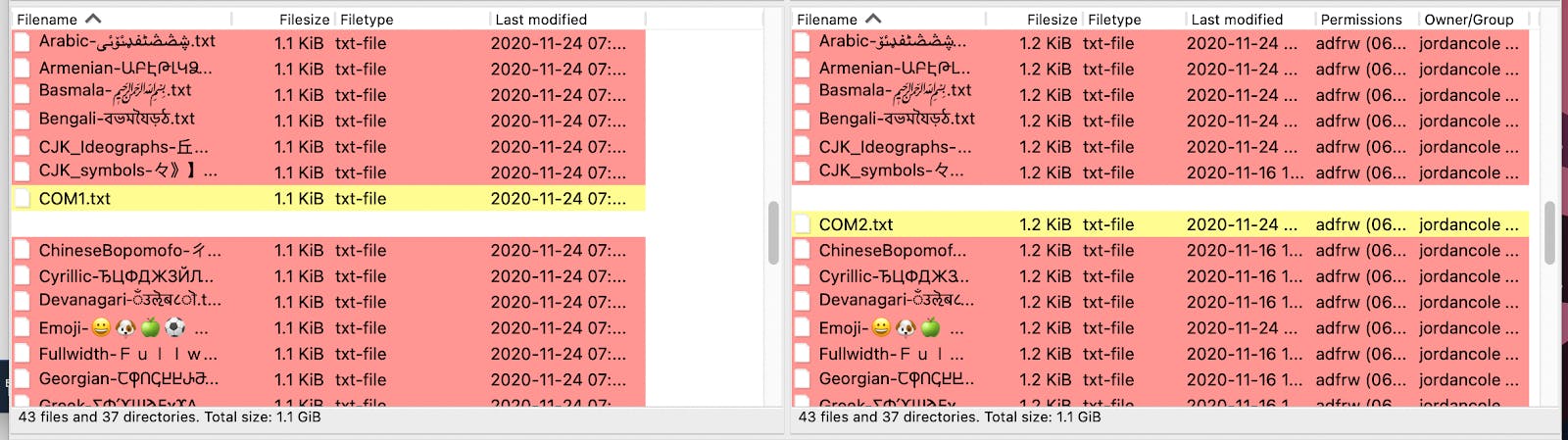 FileZilla directory comparison — file size mode
